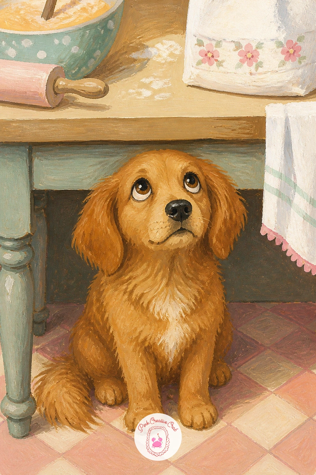 Dog Begging Under the Baking Table — A dog begging under the baking table is a companion piece to the cookie stealing cat, this time with pure hope instead of