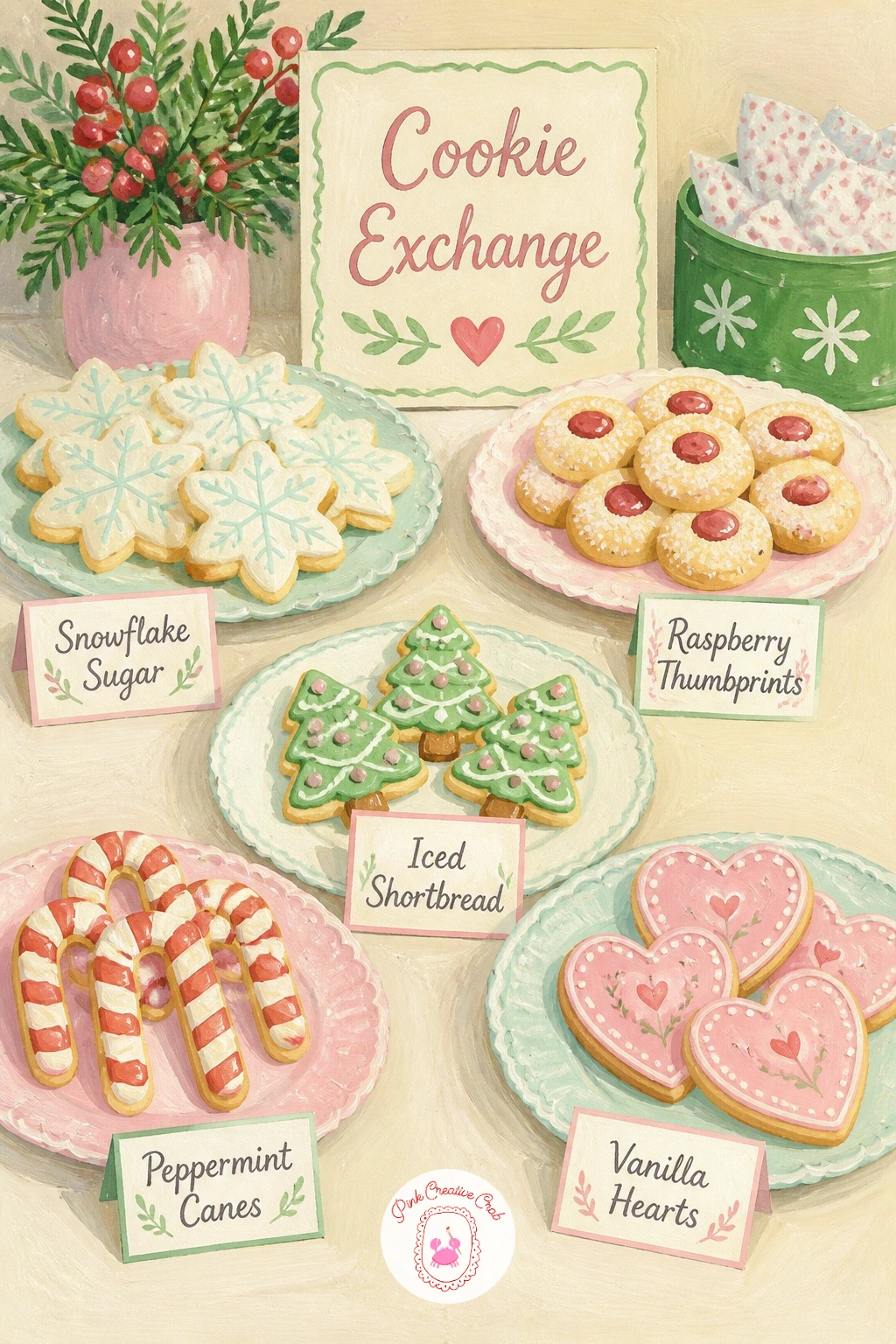 Cookie Exchange Table With Labels — A cookie exchange table with labels is really a study in arranging several small plates without the page feeling cluttered.