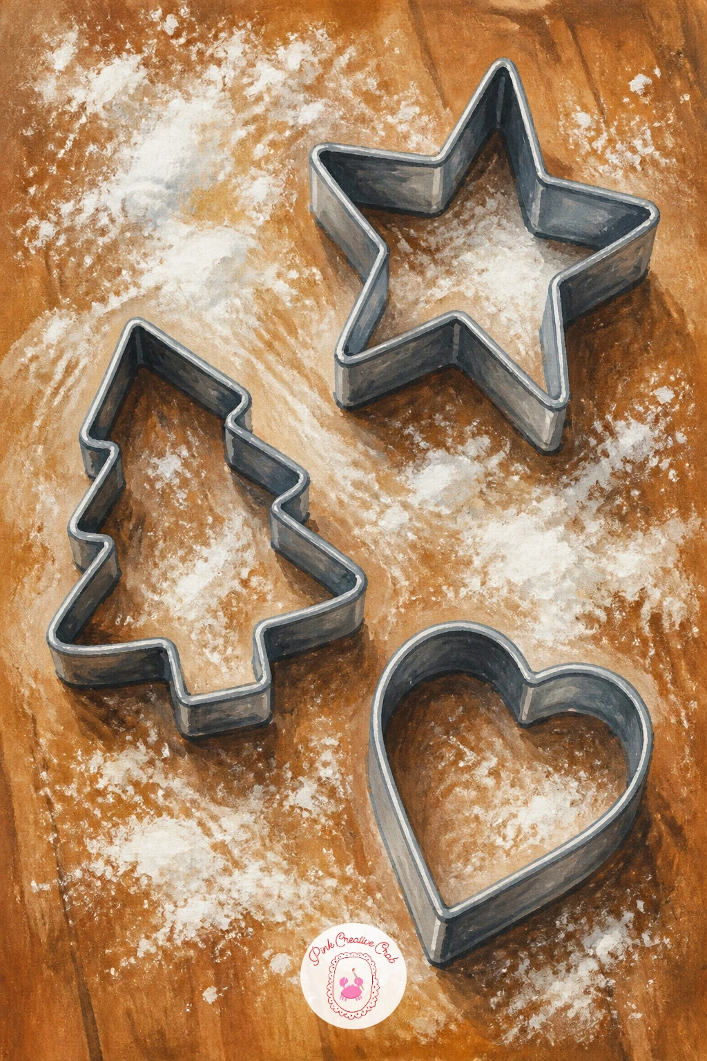 Cookie Cutters and Flour on a Wooden Board — Cookie cutters and flour on a wooden board strips away the baked cookie entirely and focuses on the tools instead