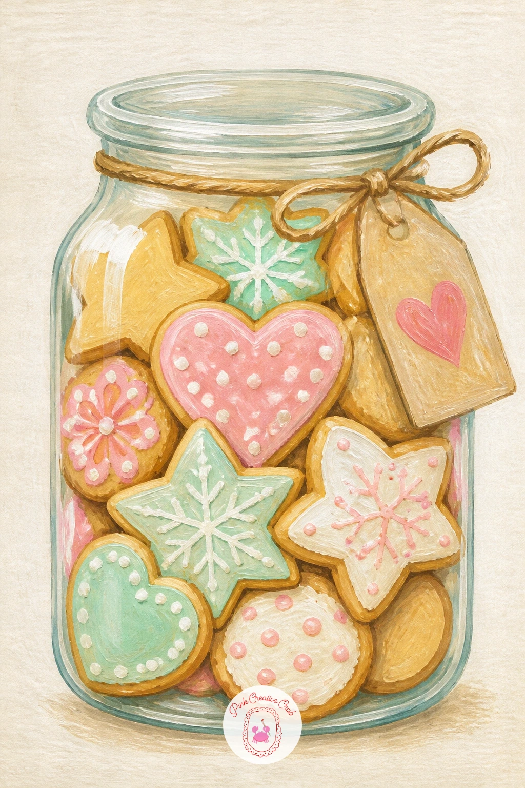 Jar of Cookies With a Gift Tag — A jar of cookies with a gift tag pairs nicely with the earlier crinkle cookie jar, but this time the focus shifts to the tag
