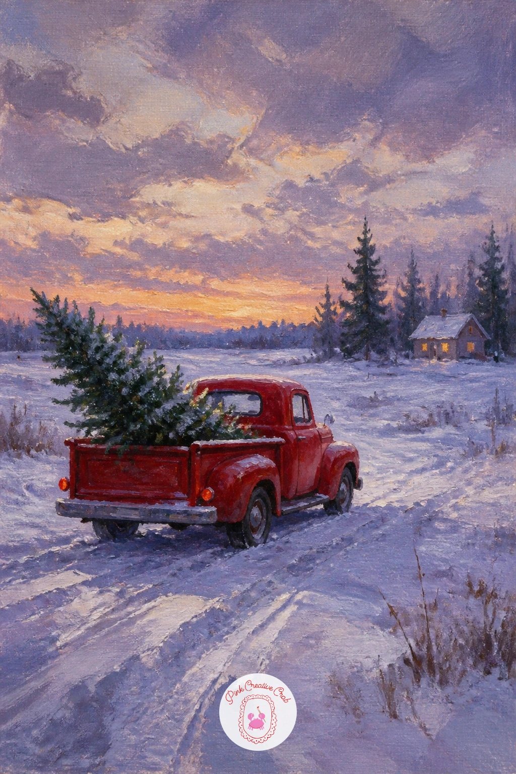Red Truck Hauling a Tree — Start with the simplest version of the idea that carries the whole list: a red truck crossing a snowy field with a tree tied in the