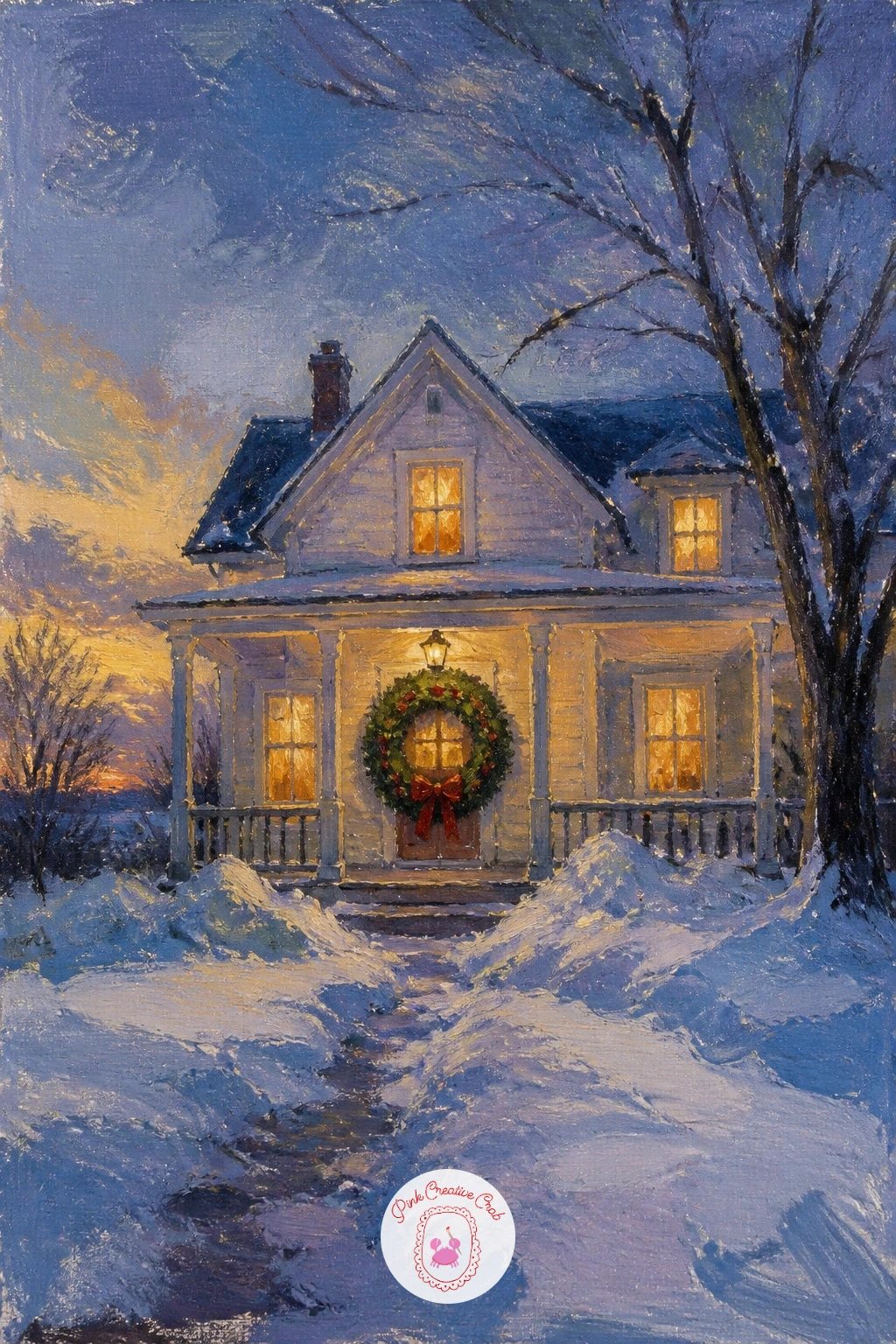 Farmhouse With a Giant Wreath — Bring the scene in close with a farmhouse front, its door hung with a wreath bigger than anything you would actually nail up