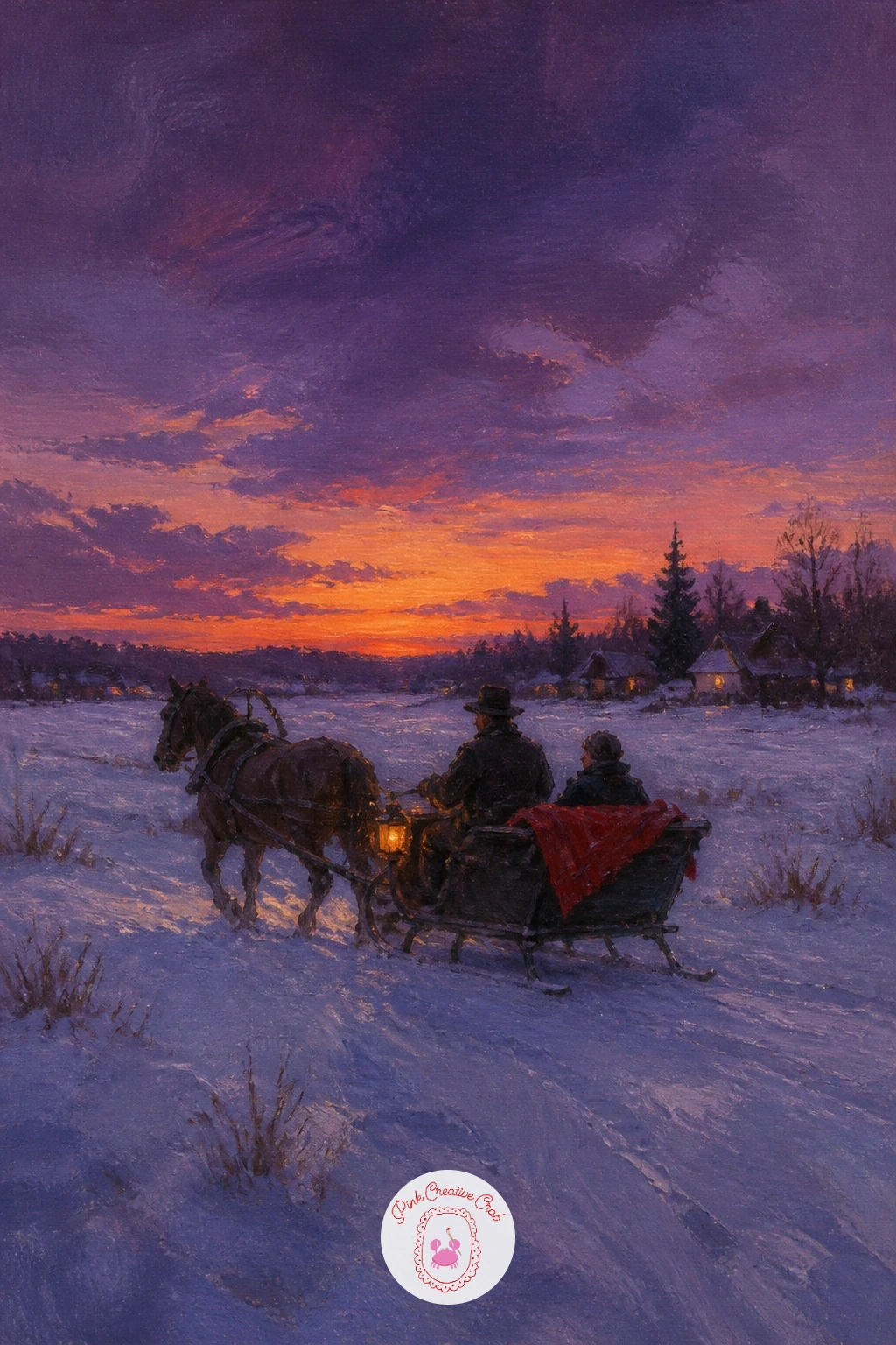 Horse Sleigh at Dusk — Keep the warm glow going but move it outdoors with a horse-drawn sleigh crossing an open meadow as the light fades. Christmas landscape