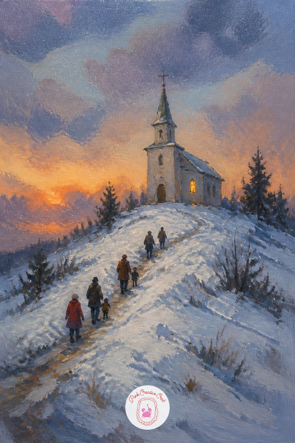Church on the Hill — Climb a little higher now with a church on a hill, its steeple catching the last light as small figures arrive for an evening service.
