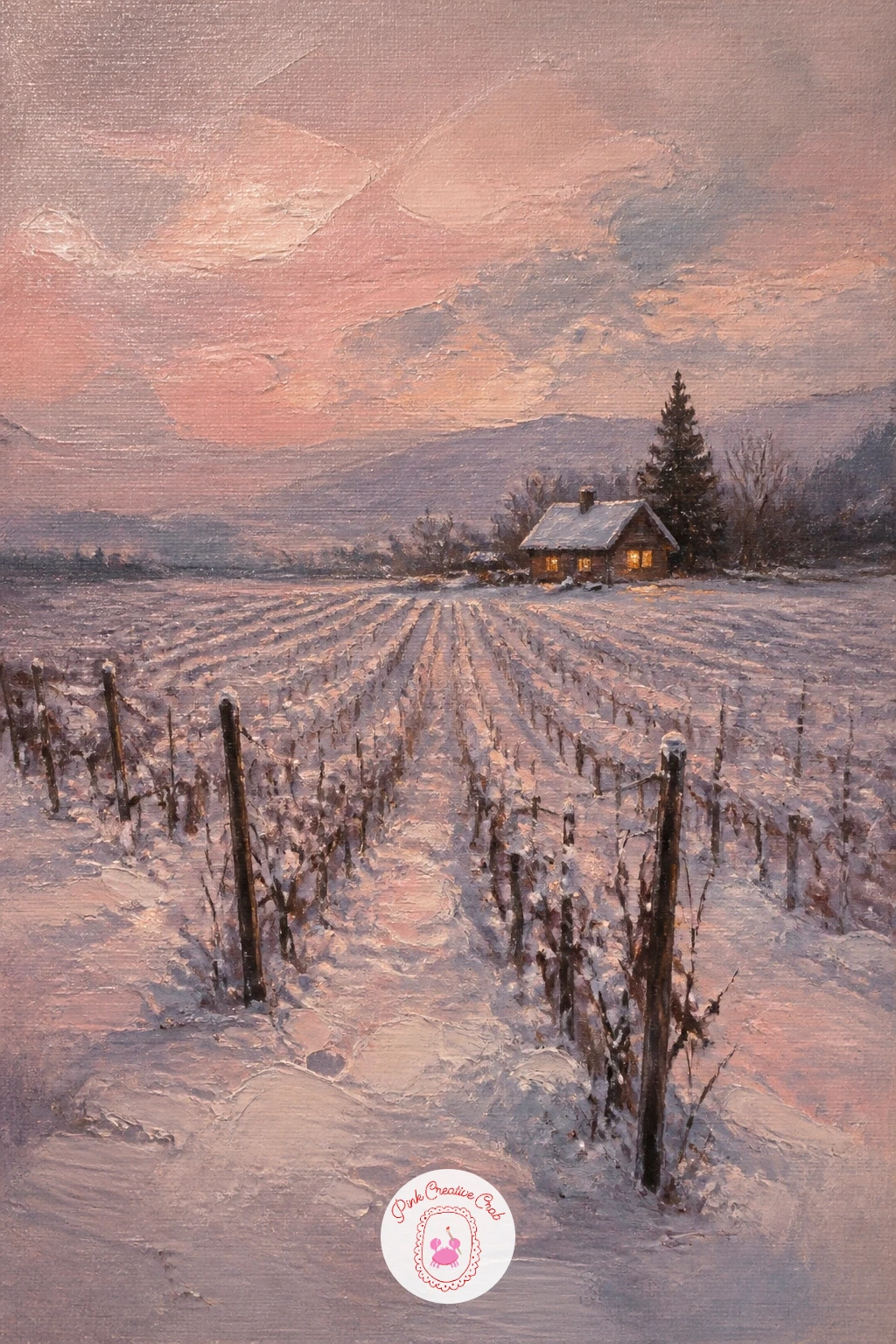Snowy Vineyard With a Lit Cabin — Trade the churchyard for rolling vineyard rows dusted in snow, with one small cabin glowing at the far end. Christmas