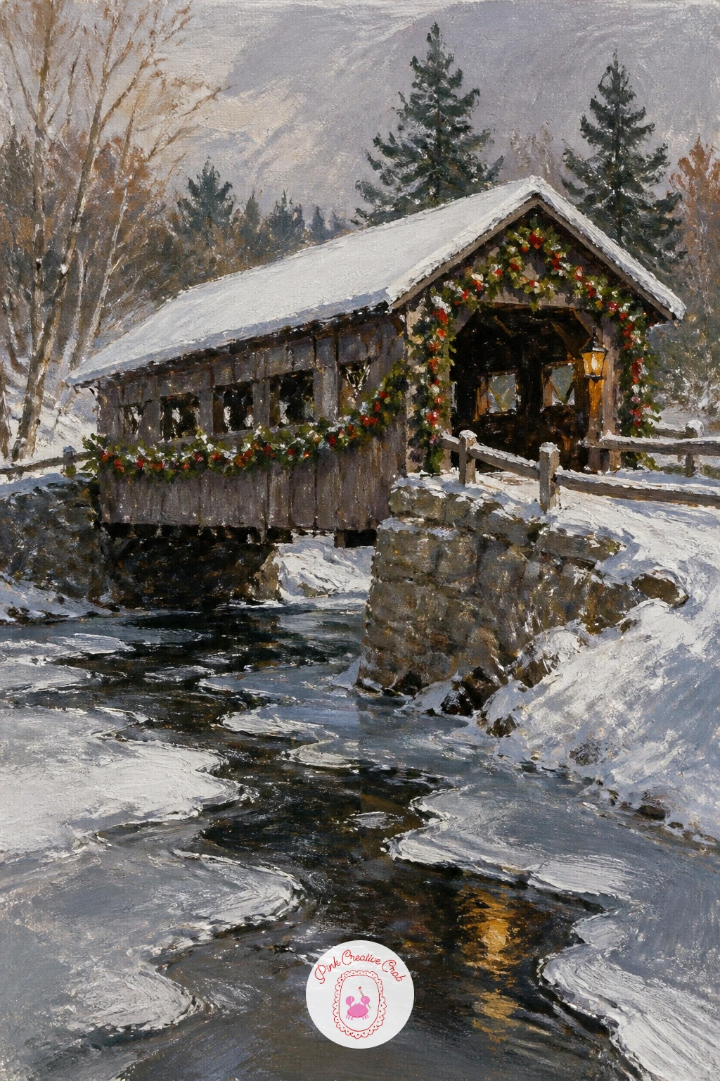 Covered Bridge With Garland — Bring the view back down to eye level for a covered bridge wrapped in garland over a half-frozen stream. Christmas landscape
