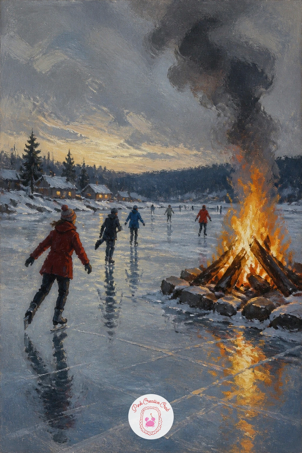 Ice Skaters and a Bonfire — Fill a frozen lake with motion now: skaters gliding across the ice while a bonfire throws orange light along one bank. Christmas