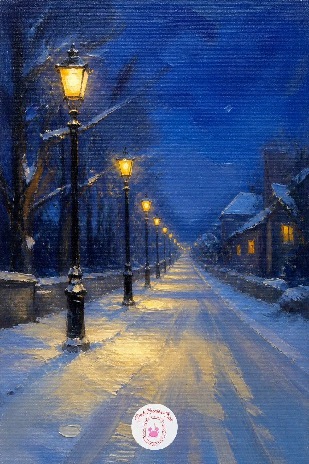Snowy Road With Lit Lampposts — Settle the energy down with a straight snowy road receding into the distance, lined on both sides with lampposts glowing