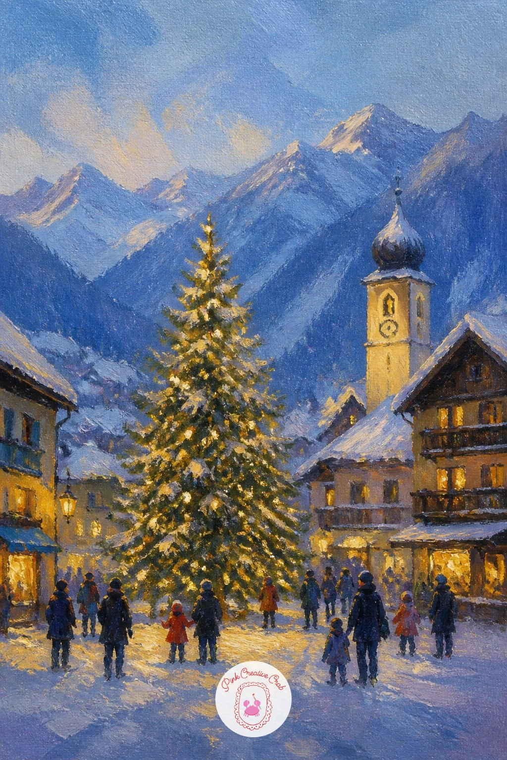 Alpine Village Tree in the Square — Widen the view into a whole Alpine village gathered around one enormous tree lit up in the square. Christmas landscape