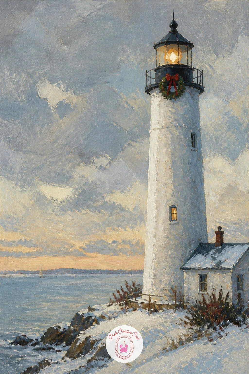 Lighthouse With a Wreath — Head for the coast with a lighthouse standing against a cold winter sky, a wreath hung at its lantern room. Christmas landscape