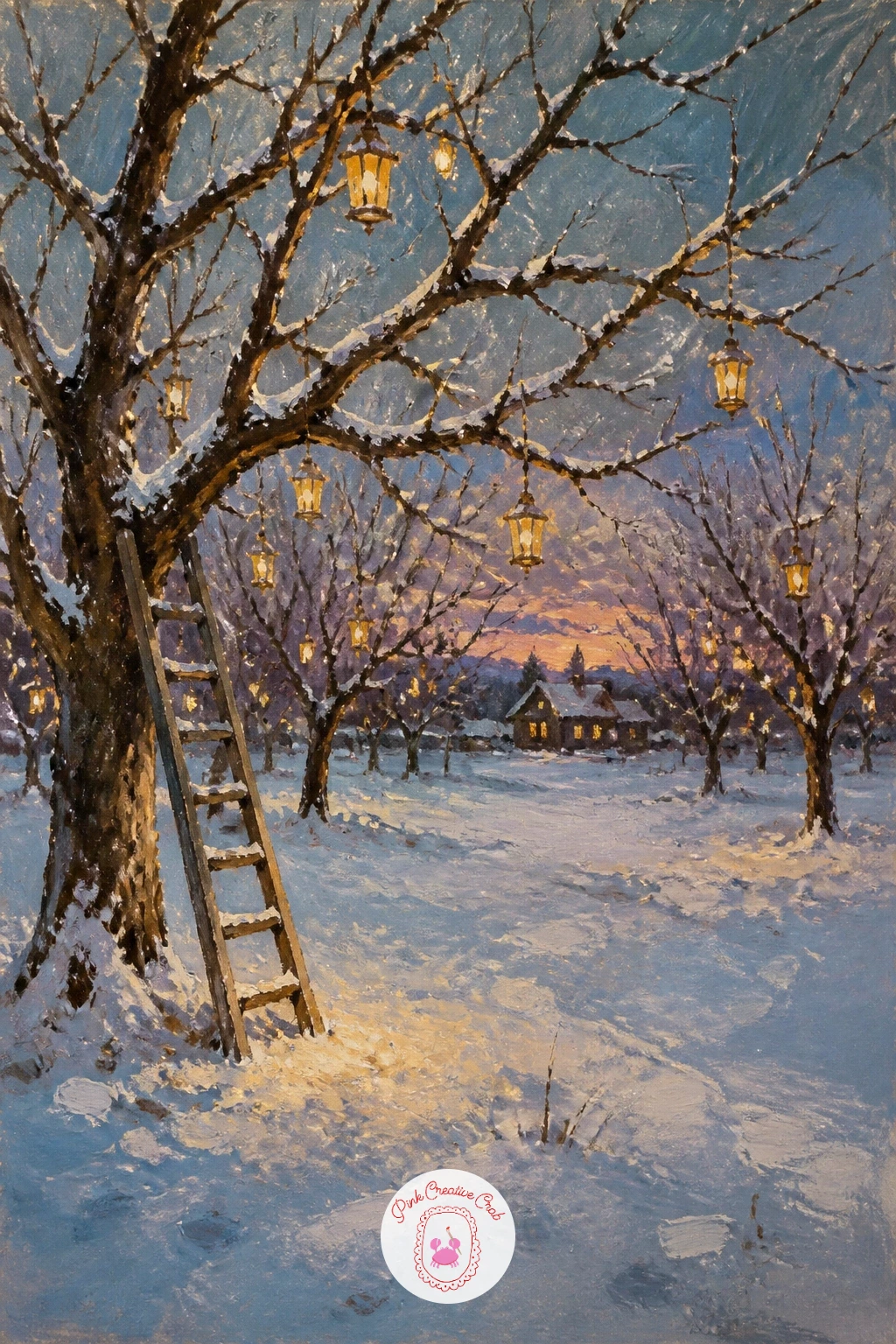 Snowy Orchard With Ladder and Lanterns — Return to the ground with a quieter scene: a snow-covered orchard, bare branches strung with small lanterns and one