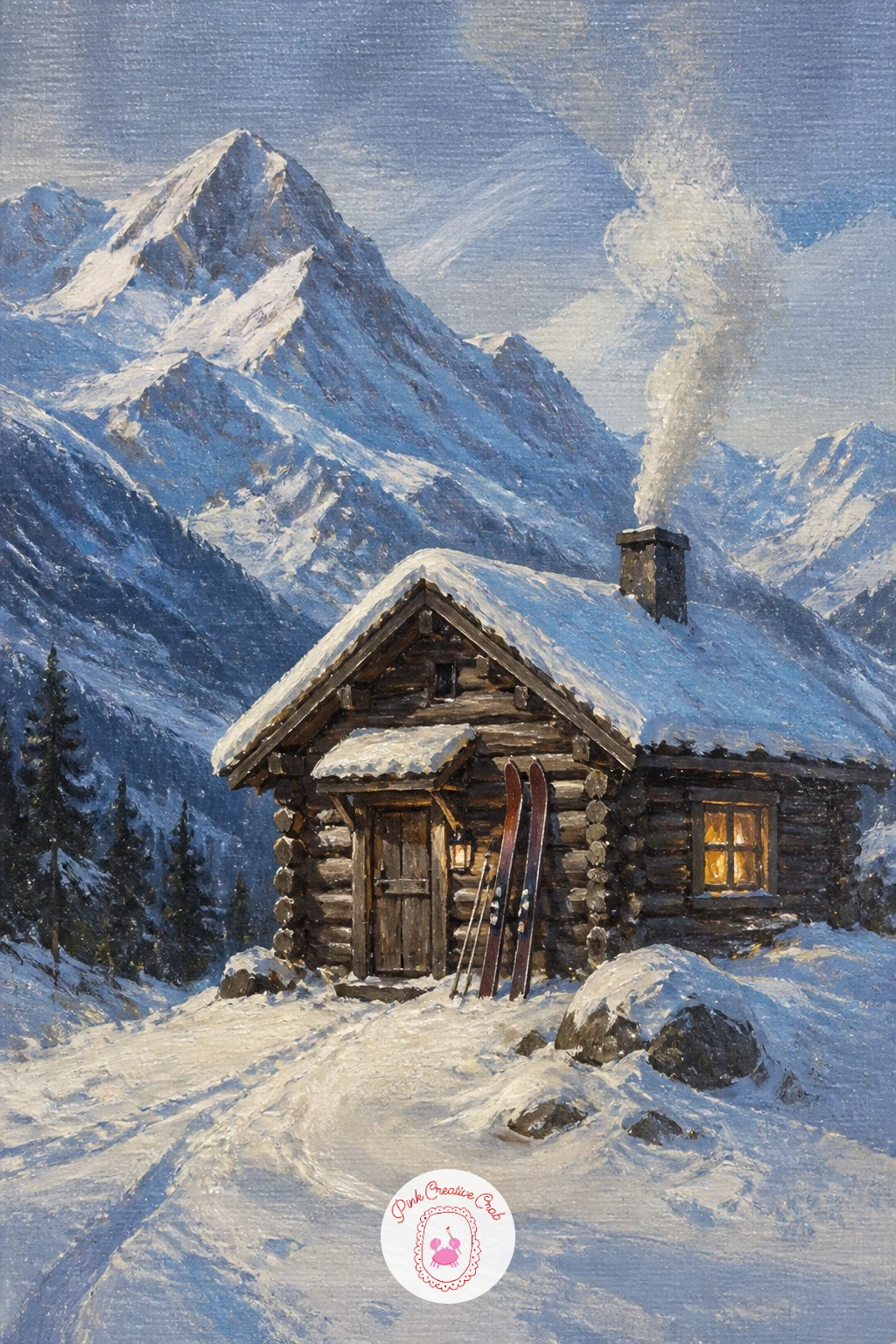 Mountain Cabin With Skis and Smoke — Climb into the mountains for a small cabin tucked against deep snow, a pair of skis leaning by the door and smoke curling