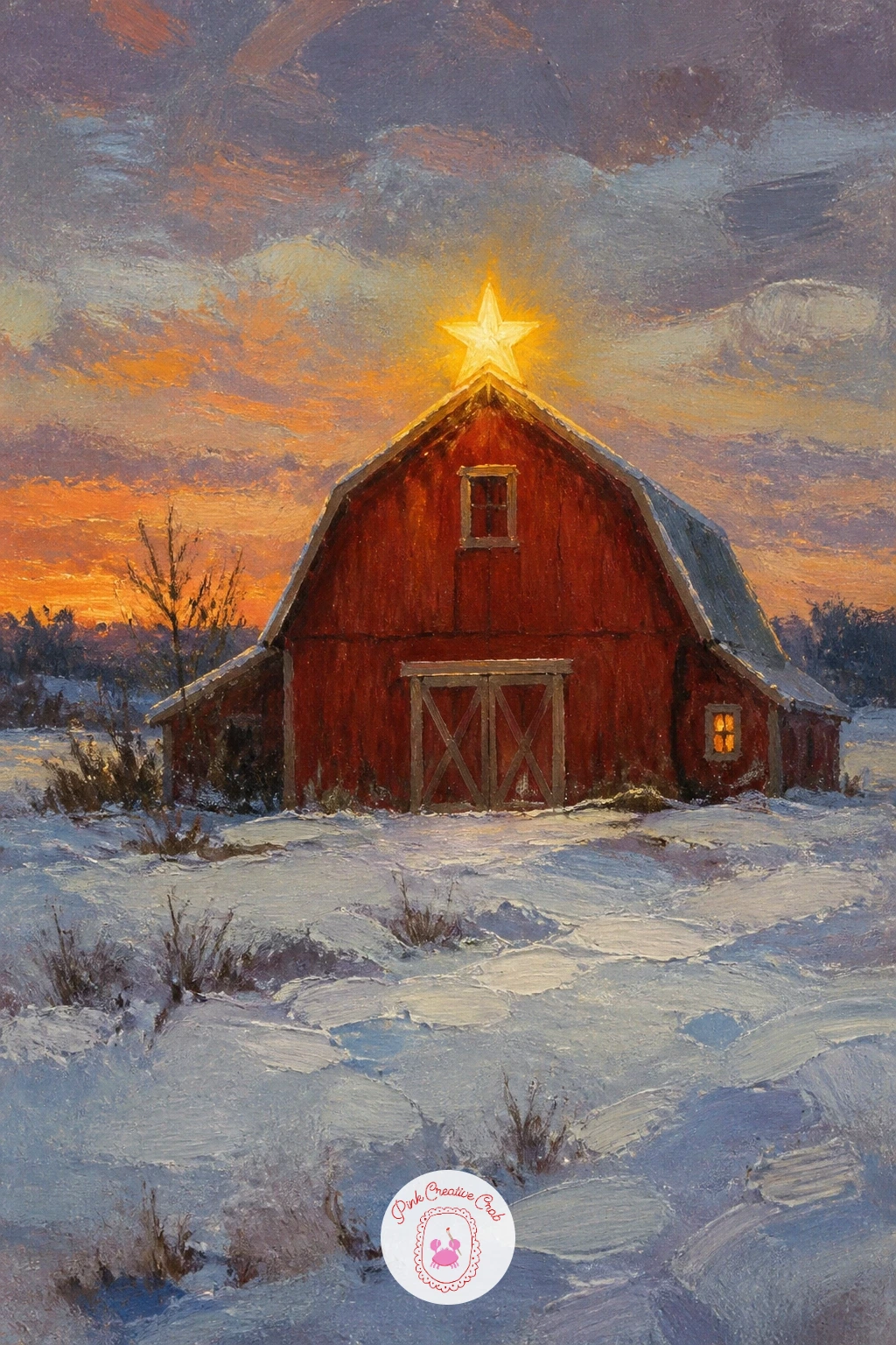 Barn With a Star on the Roof — Come back down to a single red barn, a simple star fixed to its roofline catching the last of the daylight. Christmas landscape