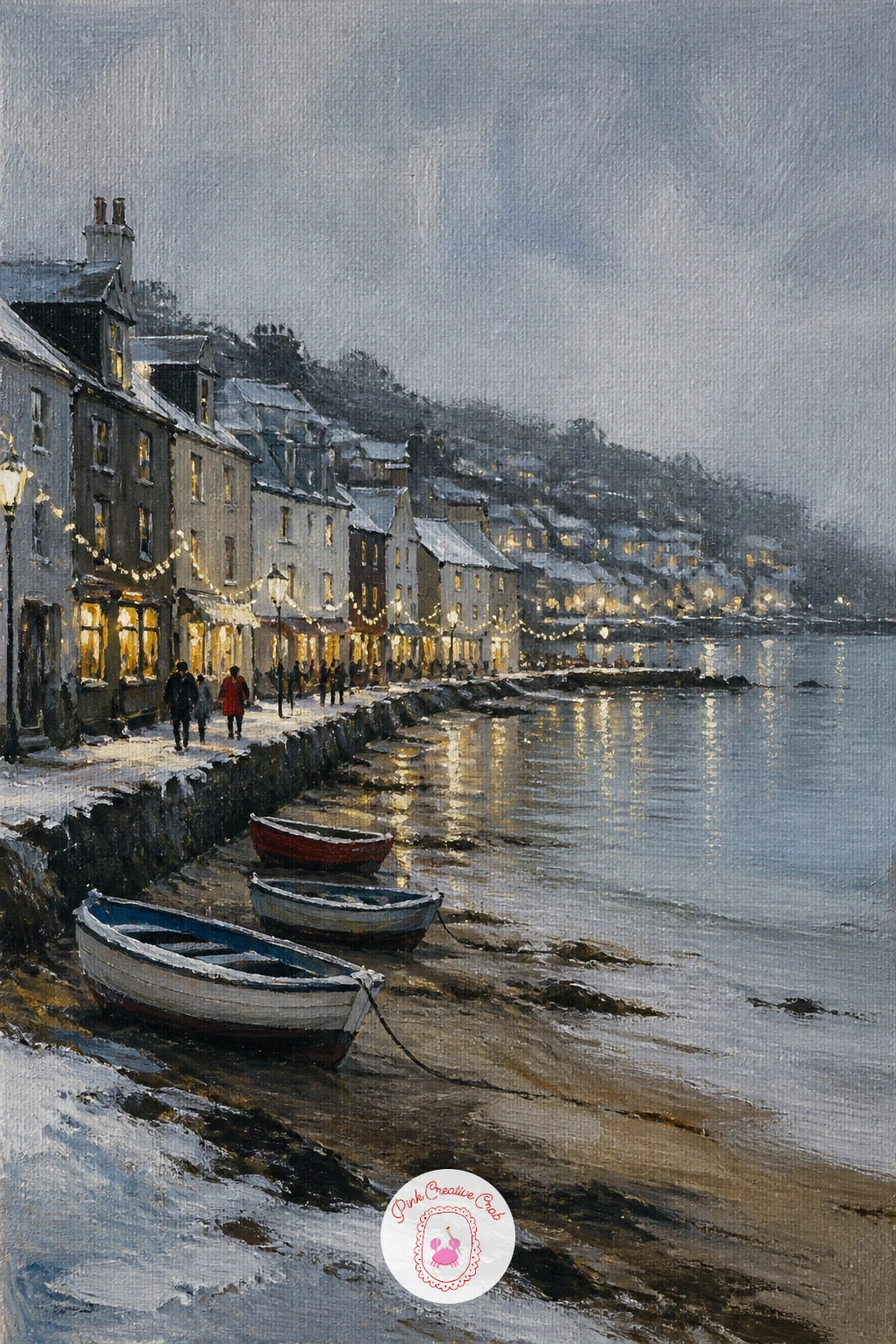 Seaside Town With Winter Lights — Trade the barn for a row of seaside houses strung with lights along a quiet winter shore. Christmas landscape painting