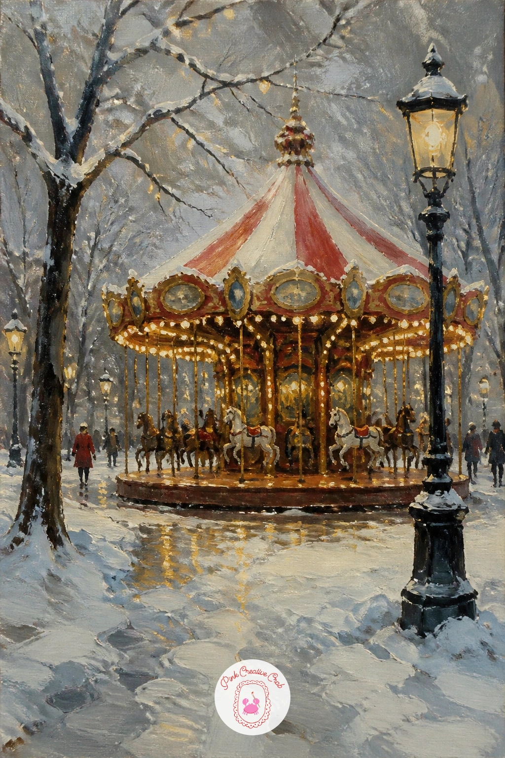 Snowy Park With a Carousel — Bring in something with more colour now: a carousel standing still in a snow-covered park, its canopy striped and strung with
