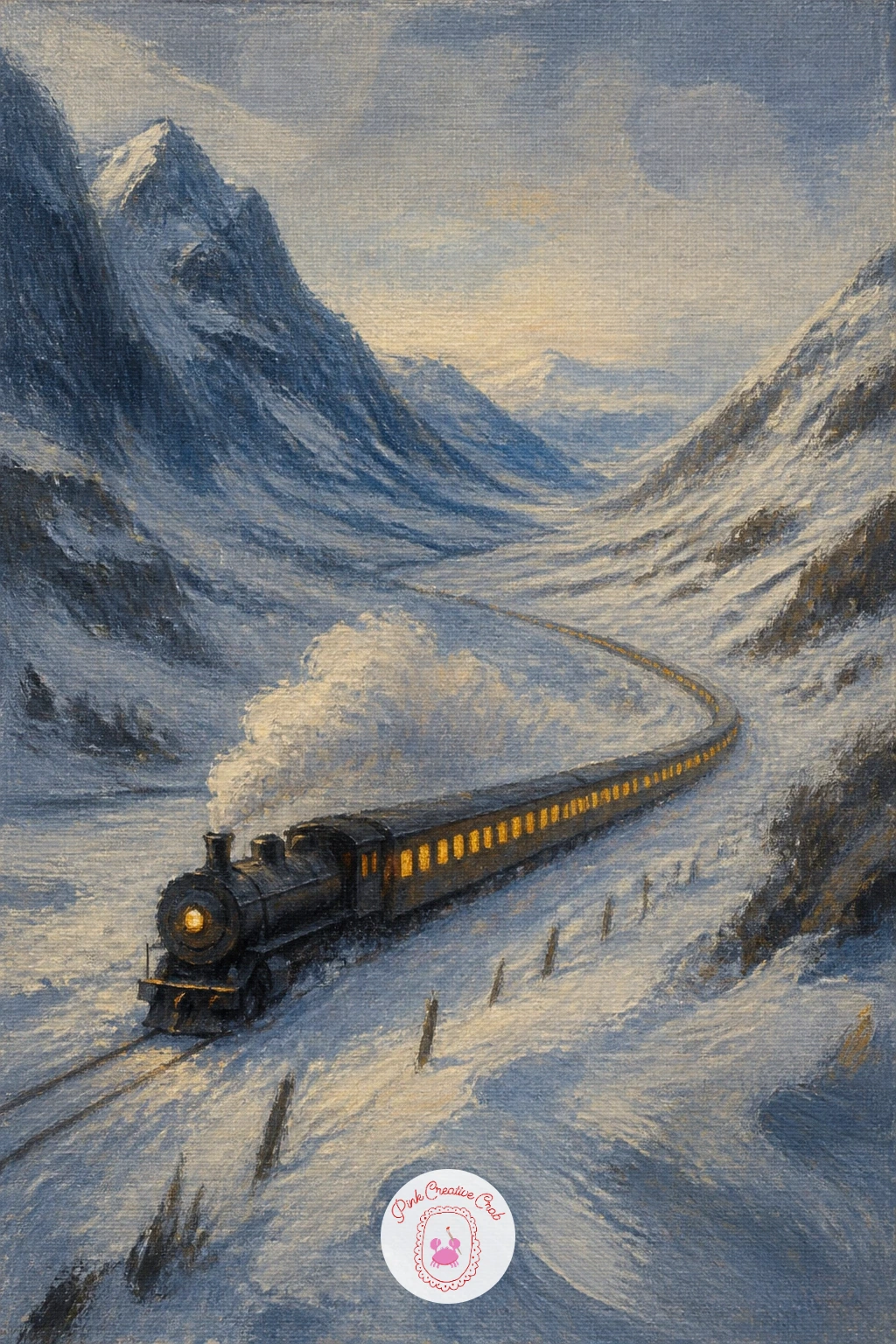 Train Crossing a Snowy Valley — Widen out again for a train crossing a long snowy valley, its windows glowing in a row as it moves between two slopes.