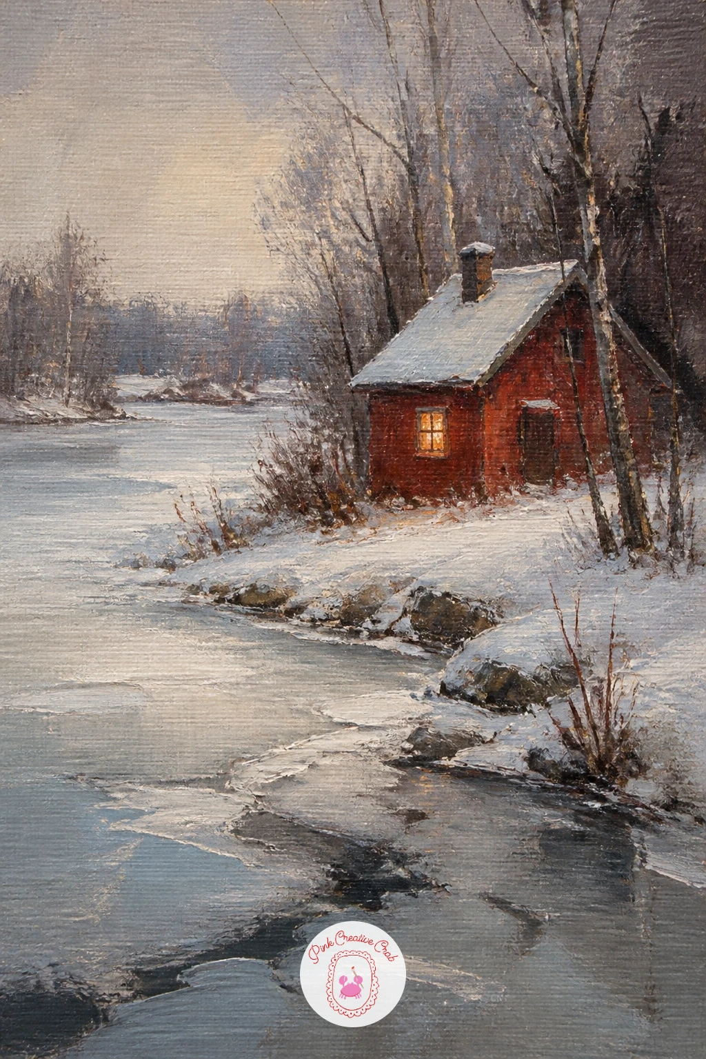 Red Cabin by a Frozen River — Settle back into something quieter with a small red cabin sitting beside a frozen river, its colour the only warmth against all