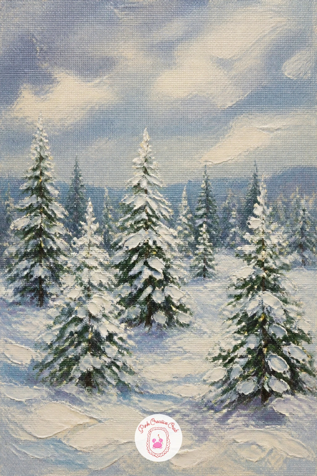 Field of Snowy Christmas Trees — Return to pure pattern with a whole field of snow-capped Christmas trees stretching into the distance, no buildings or figures