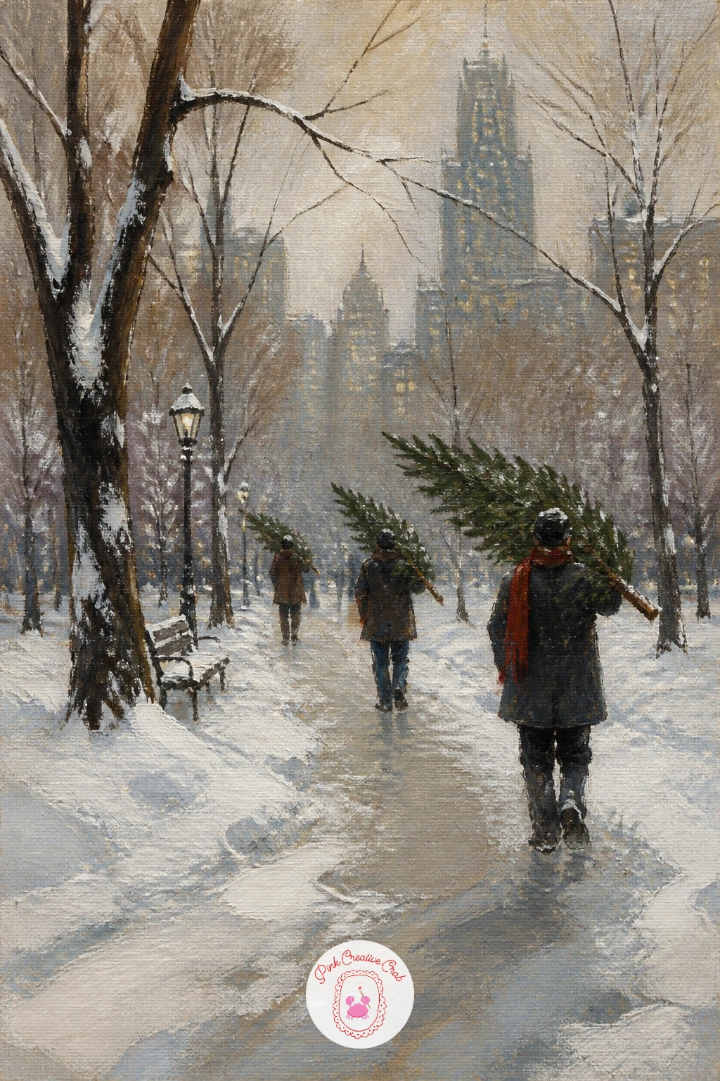 City Park With Trees Being Carried — Bring people back into the picture with a city park where a few figures carry freshly cut trees over their shoulders