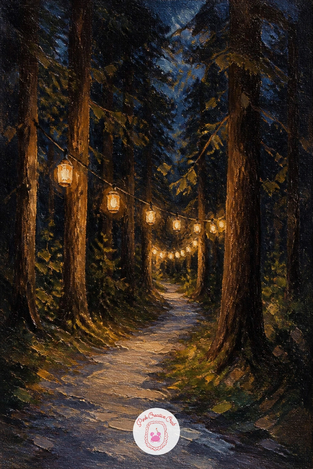 Forest Path With Lanterns — Step off the open park paths and into a dark forest path lit only by a string of hanging lanterns. Christmas landscape painting