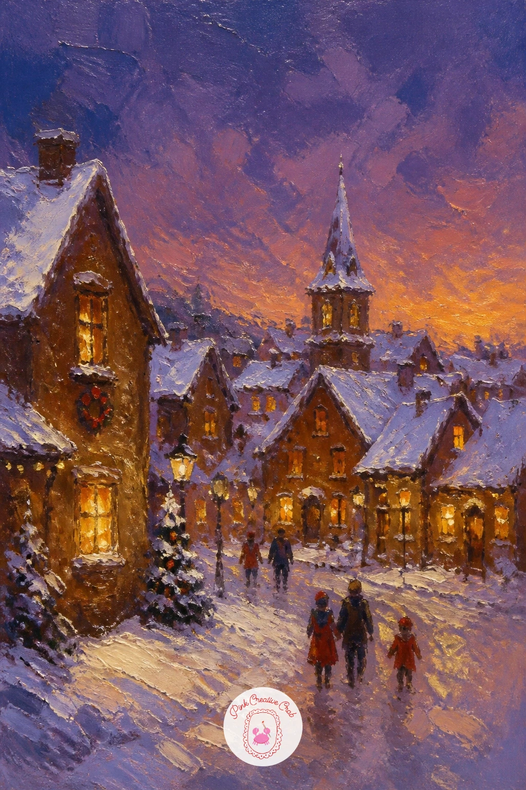 Gingerbread-Colored Village at Dusk — Lean fully into warmth now with a whole village painted in gingerbread browns, creams and reds, lit up at dusk. Christmas