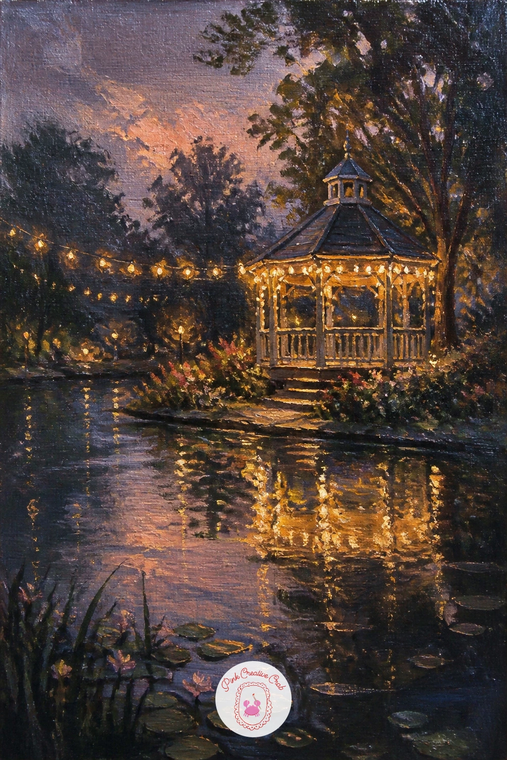 Pond With a Gazebo and Fairy Lights — Move to something more delicate with a small pond, a gazebo strung with fairy lights reflecting on the still water below.