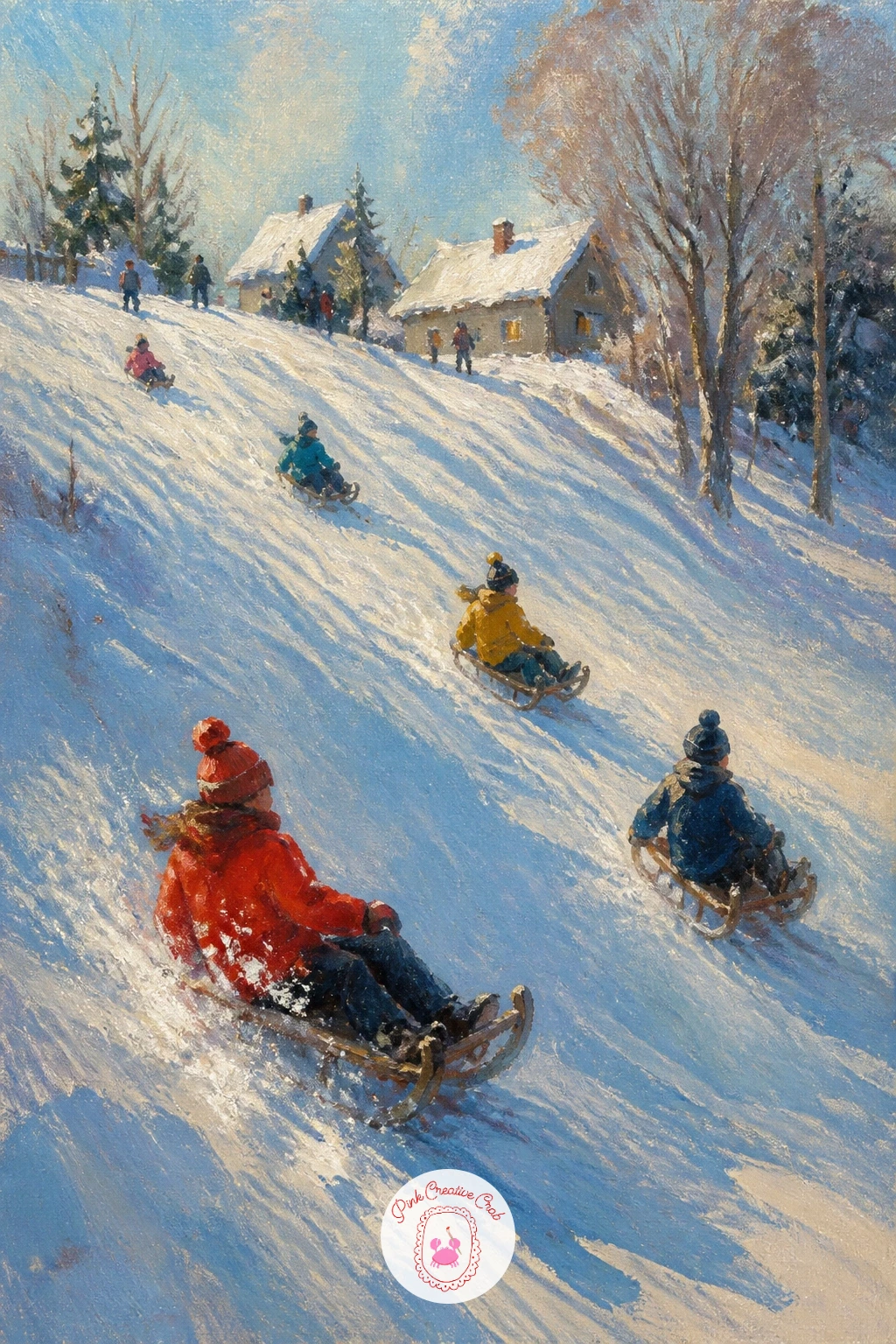 Snowy Hill With Sledders — Bring the energy back up with a snowy hill full of sledders mid-ride, caught at different points down the slope. Christmas landscape