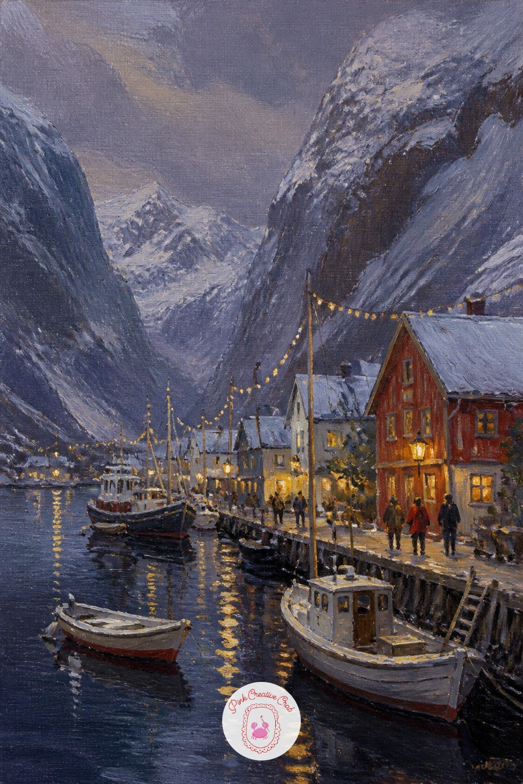 Fjord Village With Boats and Lights — Travel to a narrow fjord village tucked between steep snowy slopes, small fishing boats moored along the water and lights