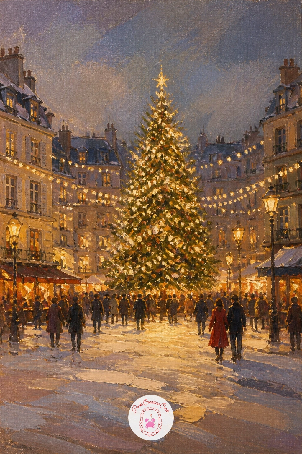 Parisian Square With a Giant Tree — Close the list in a city square with a towering Christmas tree surrounded by tall shuttered buildings and strings of