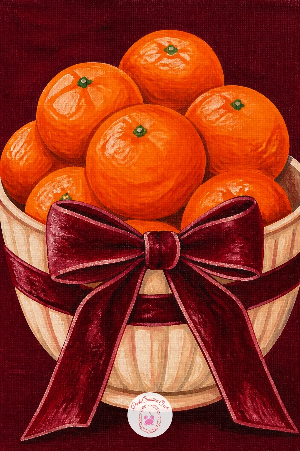Clementines With a Velvet Bow — Start with the easiest still life on the list: a bowl of clementines sitting against a flat burgundy background, with a velvet