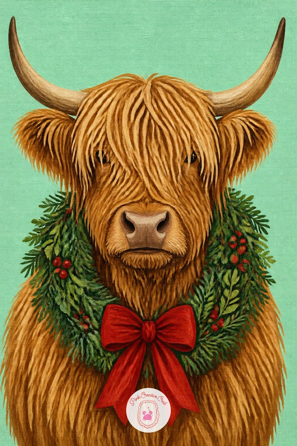 Highland Cow in a Wreath — Move from fruit to fur with a shaggy highland cow wearing a Christmas wreath around its neck. Christmas acrylic painting