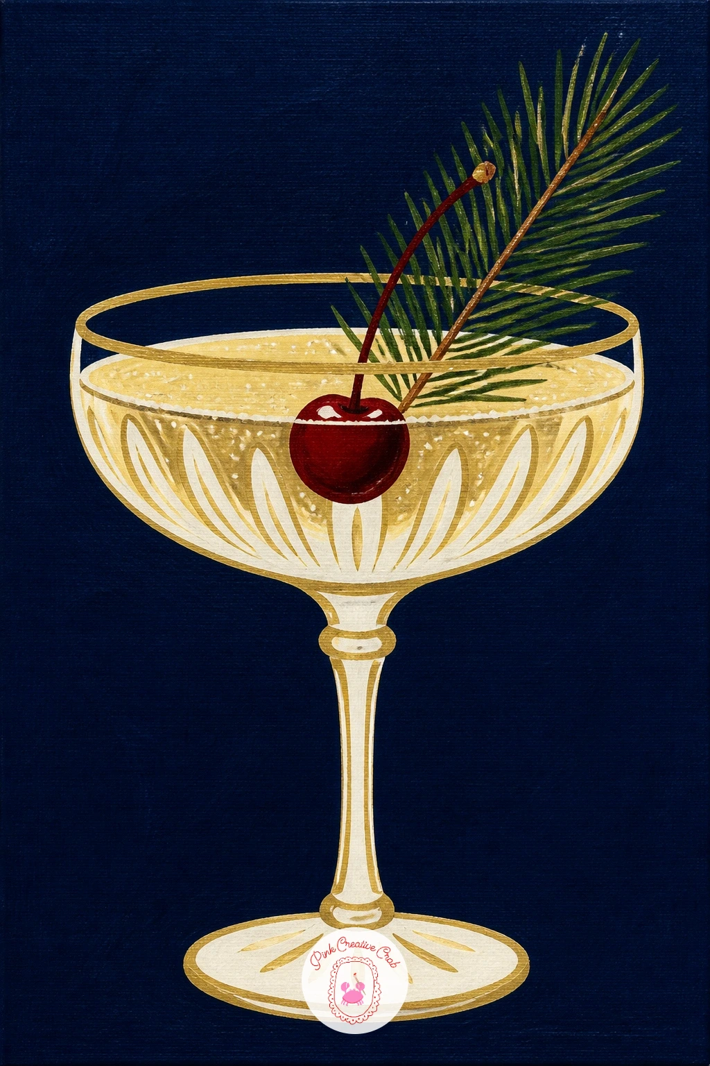 Champagne Coupe With Cherry and Pine — Give yourself a break from fur and turn to a single champagne coupe holding a cherry and a small sprig of pine, set
