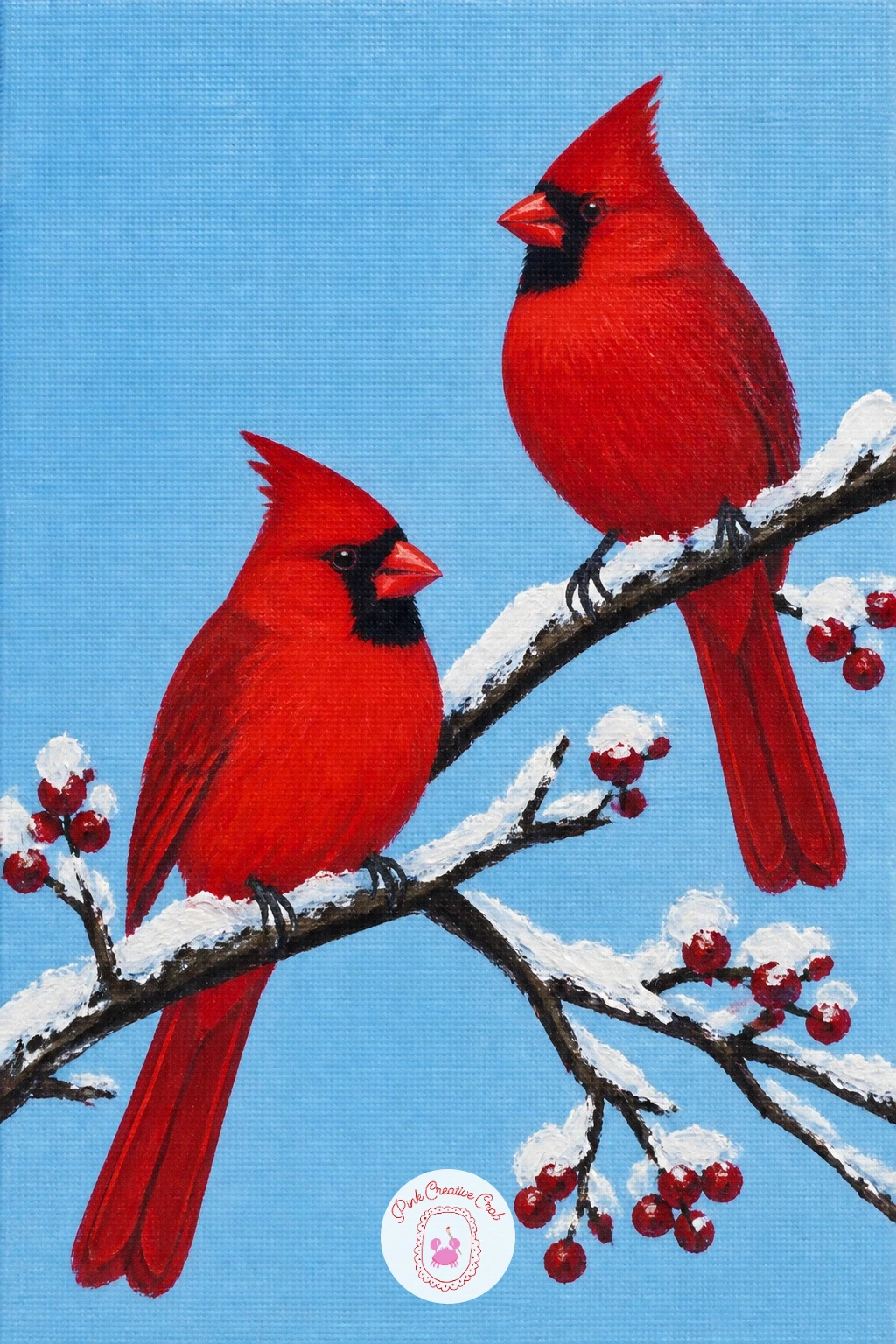 Cardinals on a Snowy Branch — From a single glass to a pair of birds: two cardinals perched on a snow-dusted branch gives you a chance to practice a simple