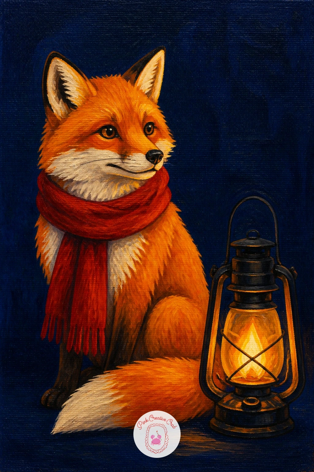 Fox in a Red Scarf Beside a Lantern — Give the stack of gifts a rest and paint a small scene instead: a fox wrapped in a red scarf sitting beside a glowing