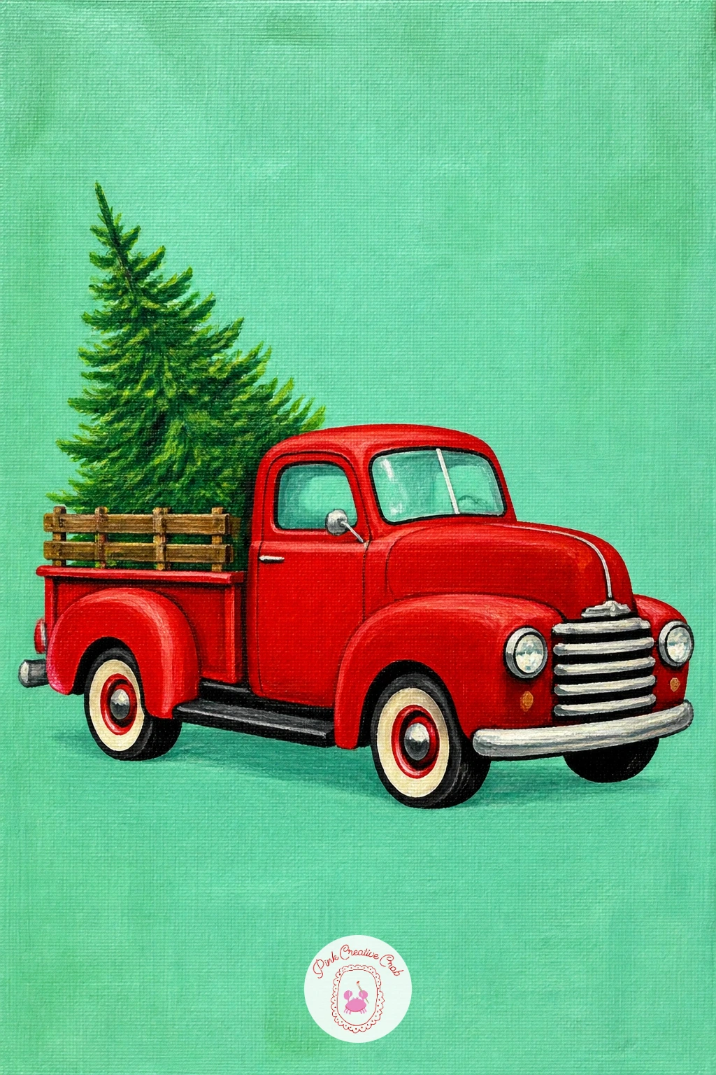 Vintage Red Truck With a Tree — Shift gears into a vehicle scene with a vintage red pickup truck carrying a small Christmas tree in its bed, parked flat