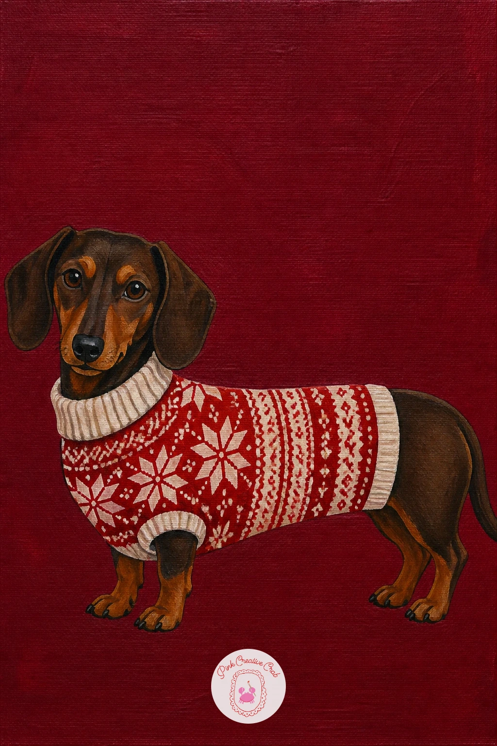 Dachshund in a Christmas Sweater — Bring the mood back down to a cozy portrait: a long dachshund wearing a knitted Christmas sweater, sitting against a flat