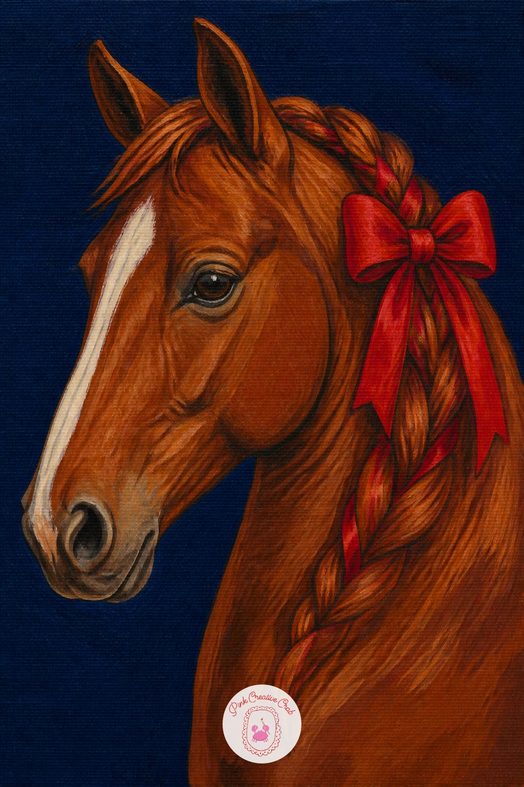Horse With a Bow in Its Mane — Step up to a larger animal portrait with a horse's head and neck, mane threaded with a red bow, set against a flat navy