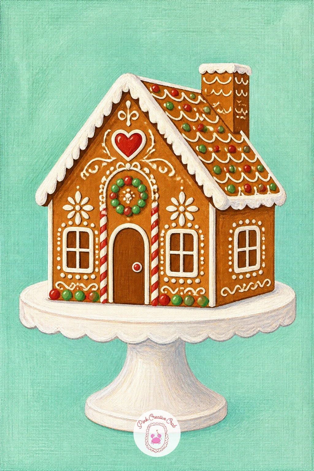 Gingerbread House on a Cake Stand — Ease back into something playful: a gingerbread house with icing details, displayed on a cake stand against a flat mint