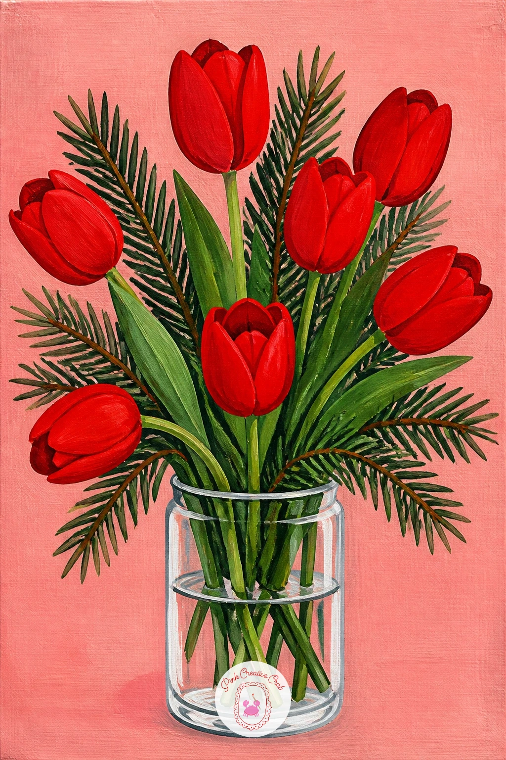 Red Tulips and Pine in a Glass Vase — Bring in a floral still life with red tulips and a few pine sprigs arranged in a clear glass vase, set against a flat