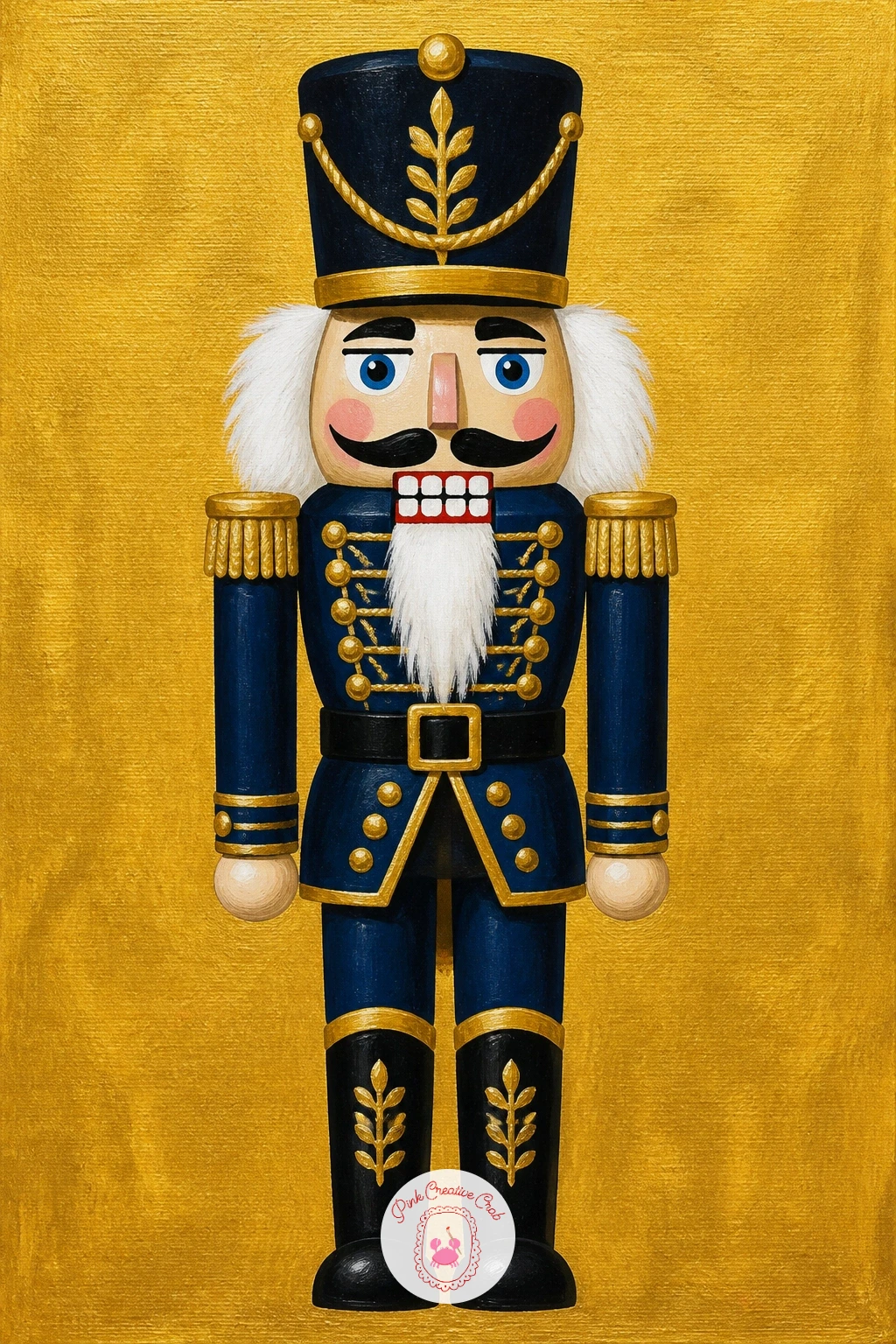 Nutcracker Against Gold — Give a classic character a graphic update: a nutcracker figure standing tall against a flat gold background. Christmas acrylic