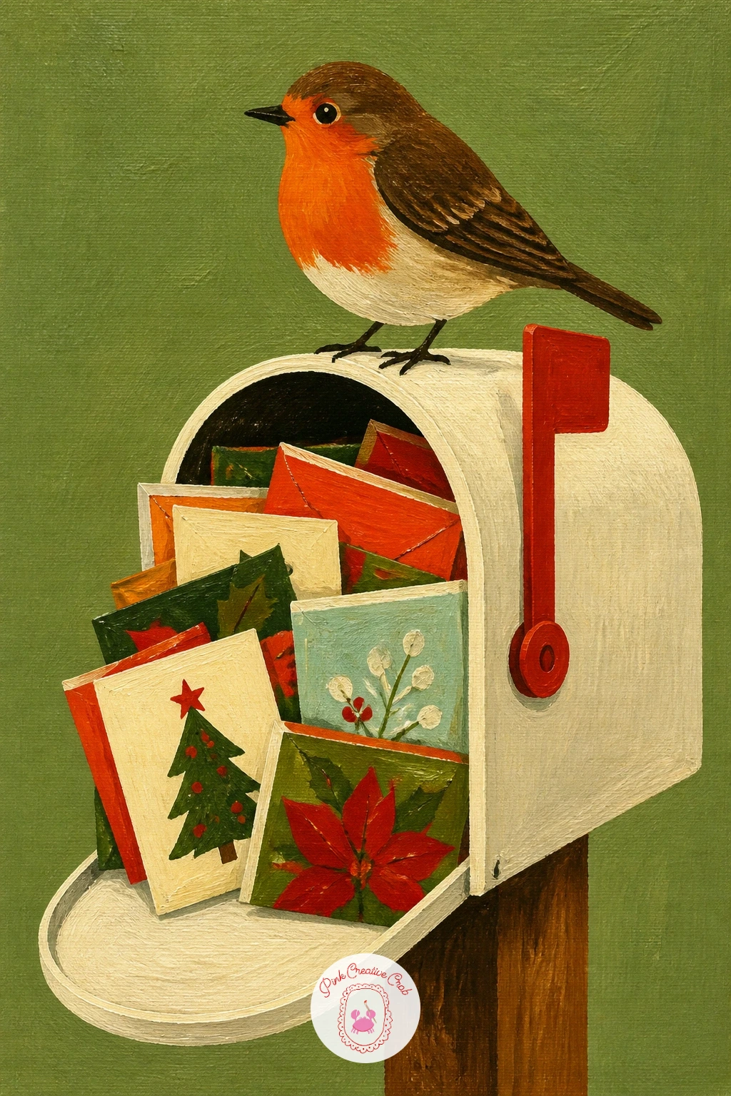 Robin on a Mailbox Full of Cards — Build a small scene around a robin perched on top of a mailbox stuffed with Christmas cards, set against a flat sage or mint