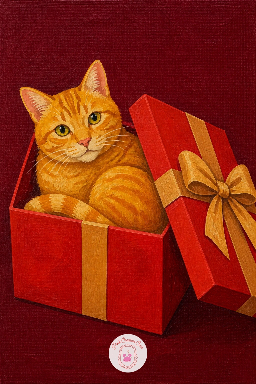 Cat in a Gift Box — Keep the mood playful with a cat sitting curled inside an open gift box, lid tilted beside it, set against a flat burgundy background.