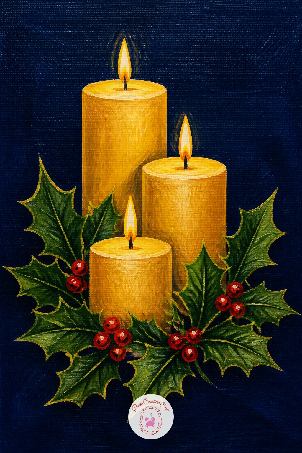 Candle Trio With Holly Sprigs — Slow the pace with a simple still life of three candles at different heights, tied together with a sprig of holly, against a