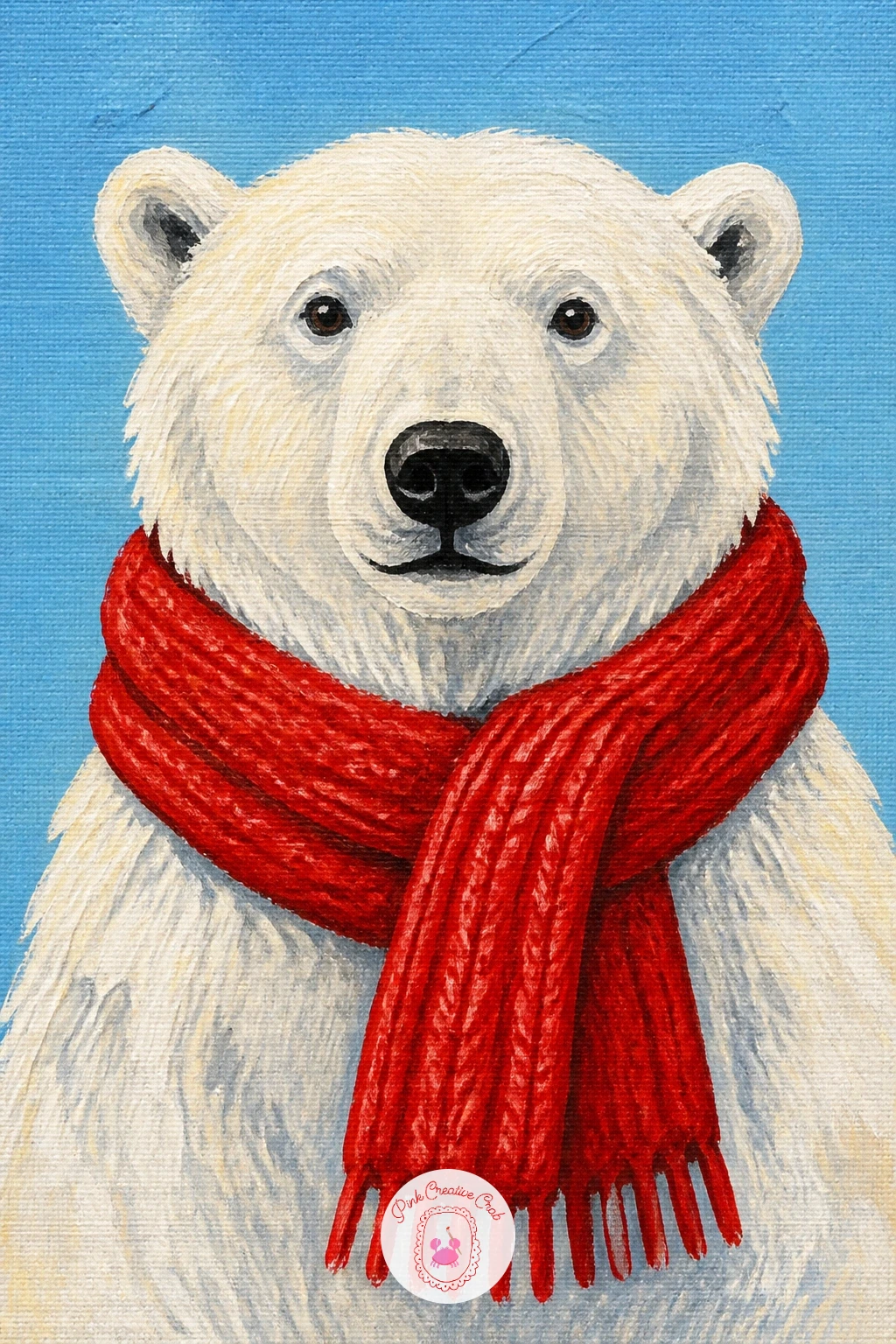 Polar Bear With a Scarf — Return to an animal portrait with a polar bear wearing a knitted scarf, set against a flat icy blue or navy background. Christmas