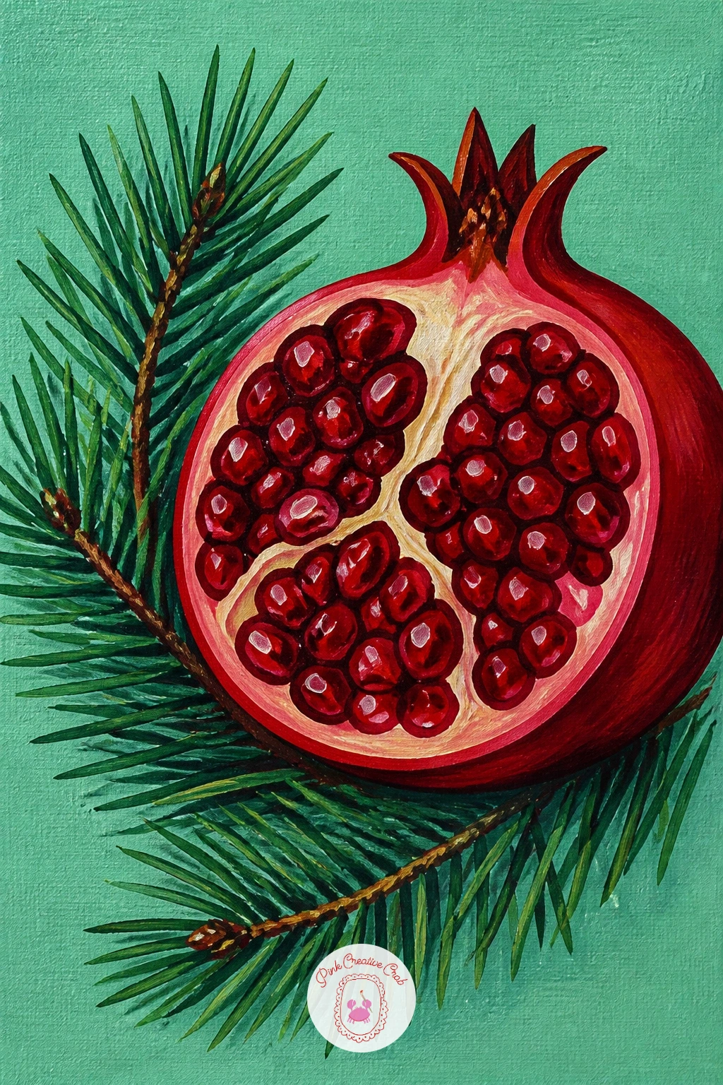 Pomegranate Cut Open With Pine Sprigs — Return to still life with a pomegranate cut in half, seeds exposed, resting beside a few pine sprigs on a flat mint