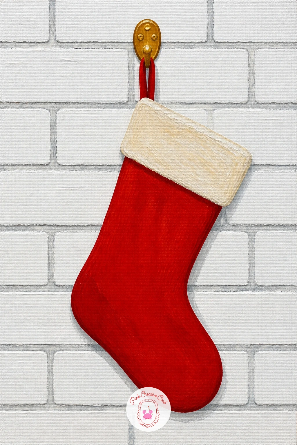 Stocking on a White Brick Wall — Take on a background texture challenge with a single red stocking hanging from a hook against a white brick wall. Christmas