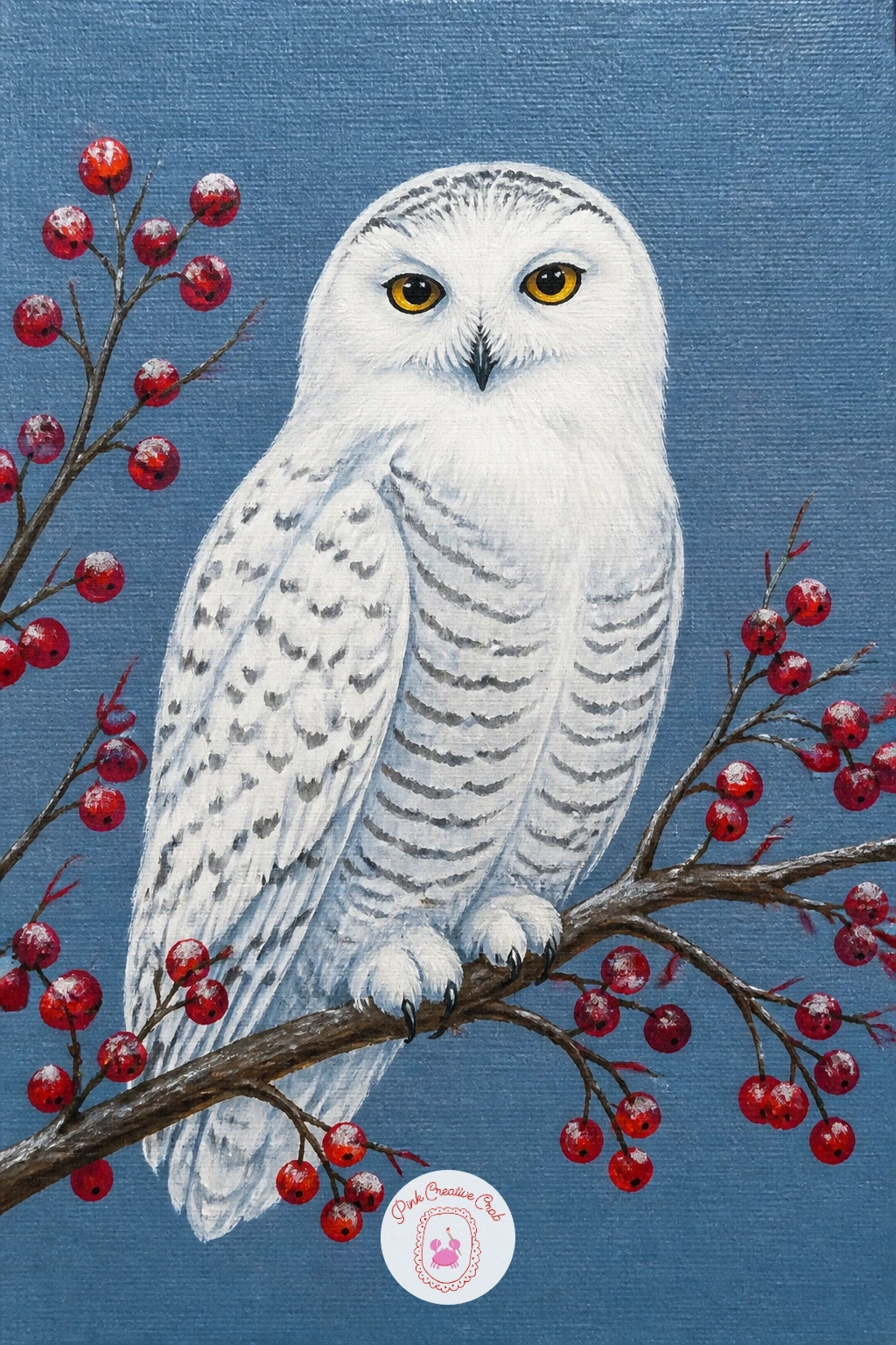Snowy Owl on a Berry Branch — Move to a quieter animal subject with a snowy owl perched on a branch dotted with red berries, set against a flat dusty blue