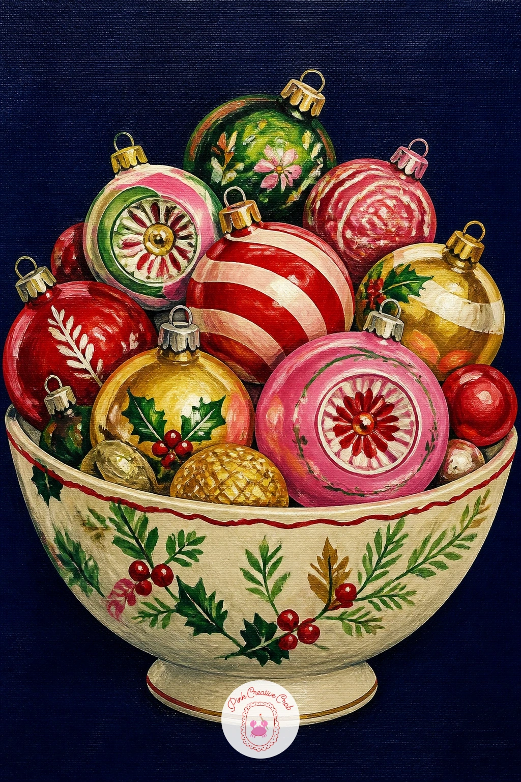 Vintage Bauble Collection in a Bowl — Take a break from animals and paint a bowl overflowing with vintage-style Christmas baubles in mismatched colors and