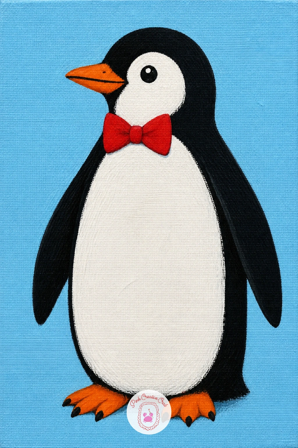 Penguin With a Bow Tie — Lighten the mood again with a penguin standing upright and wearing a small bow tie, set against a flat pale blue or mint background.