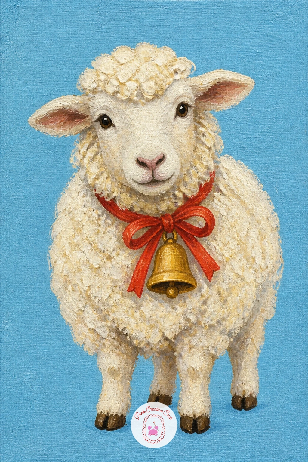 Sheep With a Bell on a Ribbon — Shift back to animals with a woolly sheep wearing a small bell tied around its neck with a ribbon, set against a flat soft blue